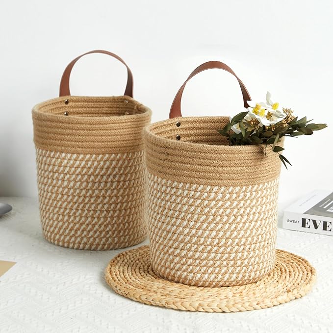 DULLEMELO Wall Hanging Basket 7 X 8 Inches Hanging Storage Baskets for Decor, Set of 2 Woven Storage Baskets,Wall Baskets for Storage Entryway Wall Decor,Jute&Khaki-NeatNest