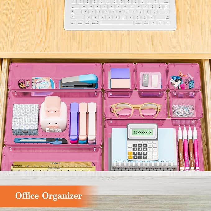 25 PCS Plastic Drawer Organizer Set, 4-Size Versatile Organizer Trays & storage Bins for Makeup, Jewelry, and Gadgets in Bathroom, Bedroom and Office, Clear Pink-NeatNest