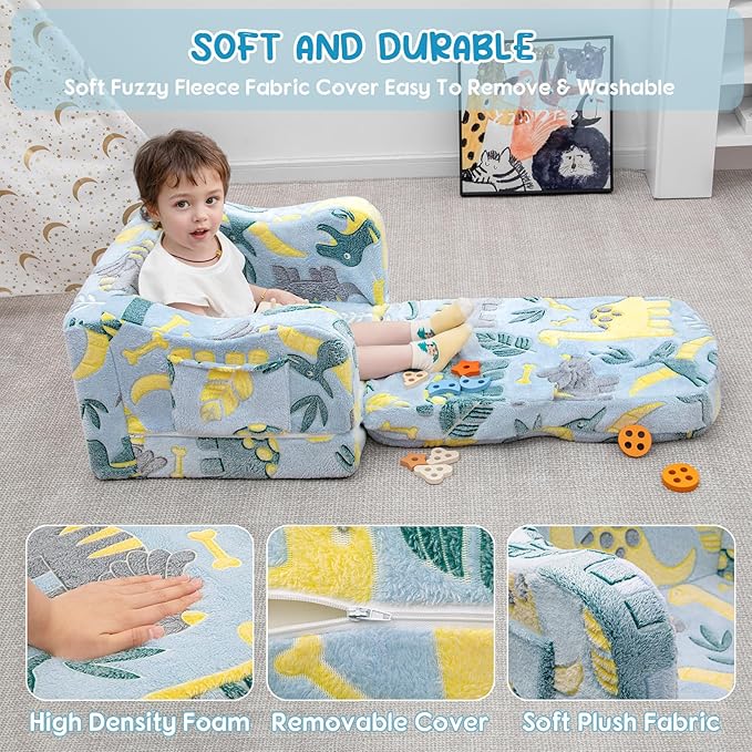 Comfy Toddler Chair and Couch for Kids with Blanket,2-in-1 Soft Plush Fold Out Toddler Couch for Girls and Boys,Convertible Sofa to Lounger for Playroom,Glowing Dinosaur-NeatNest