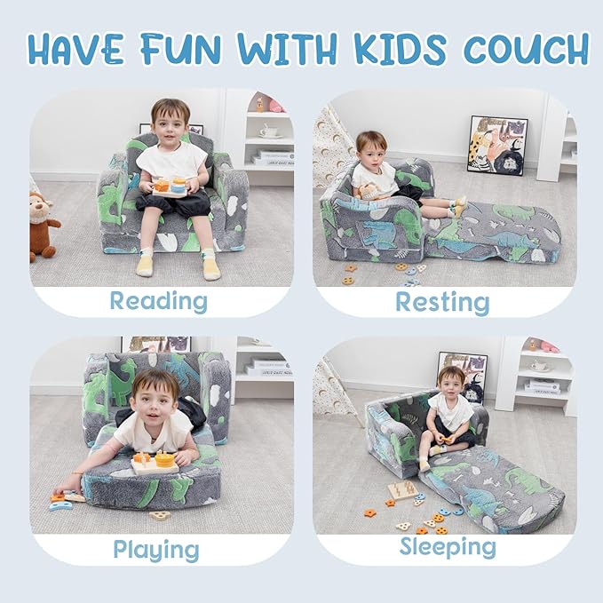 Comfy Toddler Chair and Couch for Kids with Blanket,2-in-1 Soft Plush Fold Out Toddler Couch for Girls and Boys,Convertible Sofa to Lounger for Playroom,Gray Dinosaur-NeatNest
