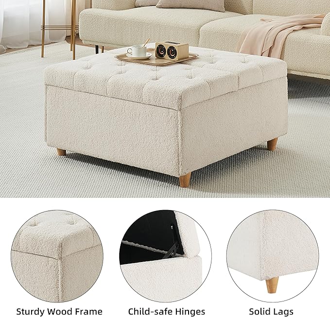 GAOMON Sherpa Storage Ottoman Coffee Table with Lift Top, Sherpa Fabric Tufted Upholstered Ottoman with Storage, Large Square Storage Ottoman Bench for Bedroom Living Room(Sherpa, White)