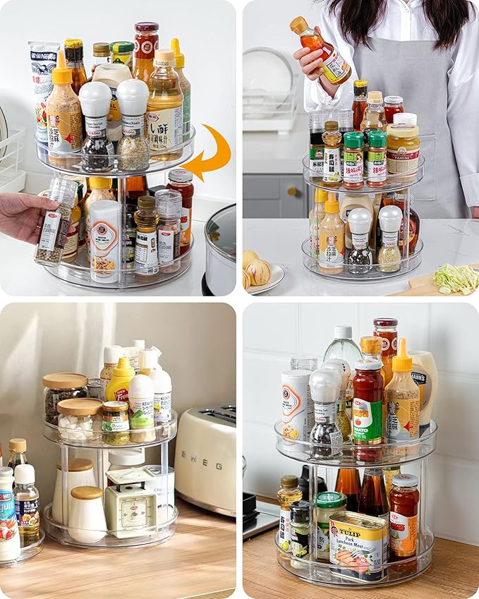 Roninkier 2-Tier Clear Lazy-Susan Turntable – 9-Inch Pantry Spice-Rack Cabinet-Organizer – Plastic Lazy Susan Makeup Organizer for Bathroom Countertop