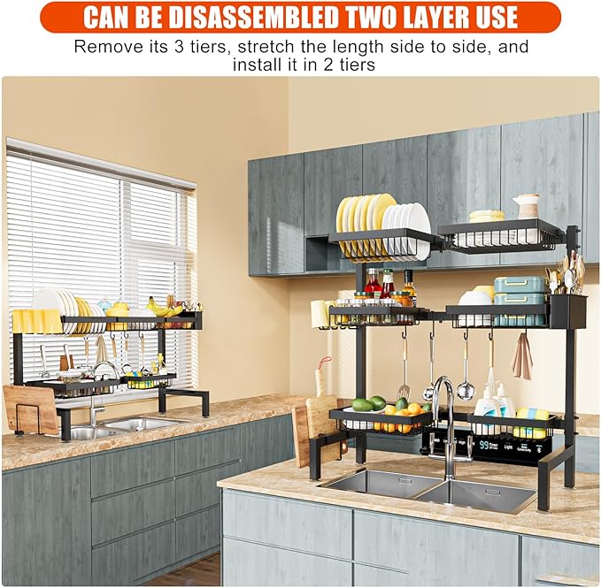 3 Tiers 6 Baskets Extendable (24.8 "-35.4") Large Dish Drying Rack,Open Lounge Sink Kitchen, Large Cutlery Drainer Iron Storage Counter Organizer