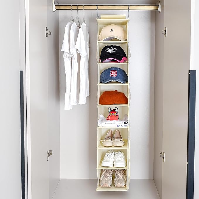 Hanging Shoe Organizer for Closet with Side Mesh Pockets，Hat Racks for Baseball Caps，Shoe and Hat Holder & Storage，8-Shelf，Beige，2 Pack-NeatNest