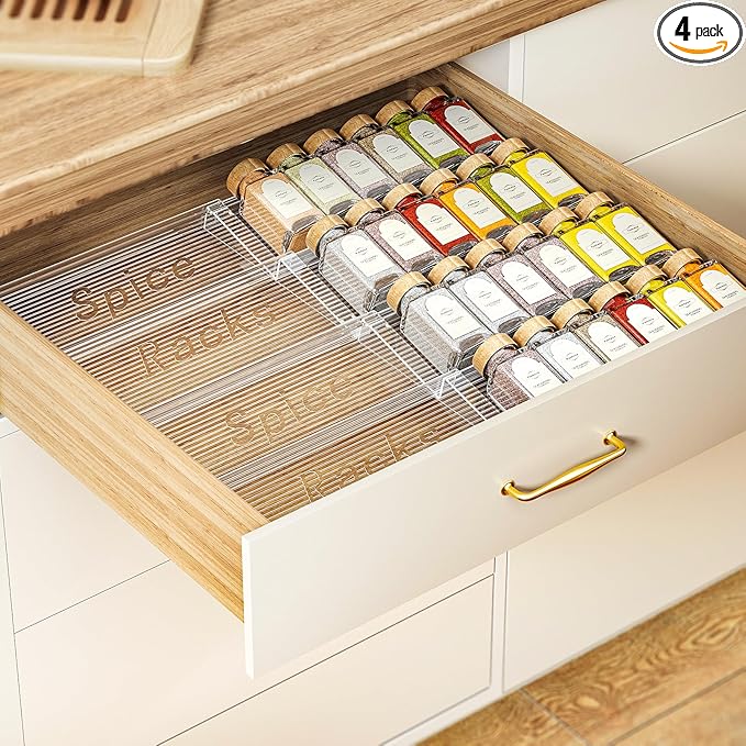 2-Tier Spice Drawer Organizer 4 Pack, Expandable from 11" to 22" Clear Acrylic Spice Rack for Drawer, Kitchen Spice Organization, Seasoning Organizer Holds Up to 48 Jars(Jars Not Included)-NeatNest