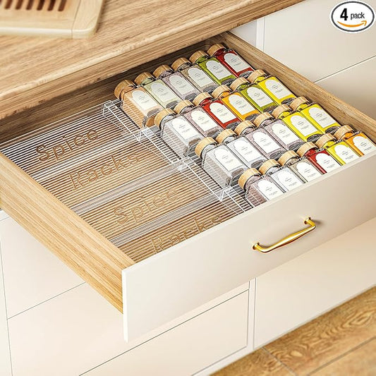 2-Tier Spice Drawer Organizer 4 Pack, Expandable from 11" to 22" Clear Acrylic Spice Rack for Drawer, Kitchen Spice Organization, Seasoning Organizer Holds Up to 48 Jars(Jars Not Included)-NeatNest