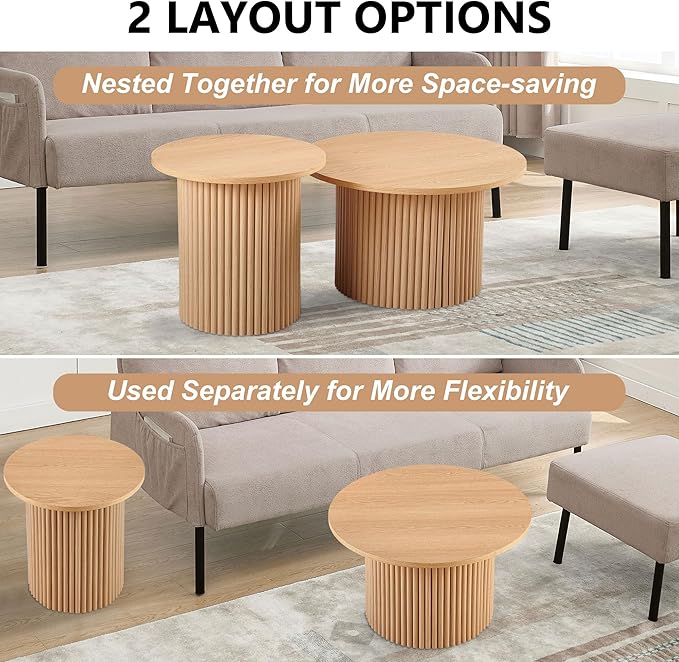 2-Piece Nesting Coffee Side Table Set of 2, Round Nightstand End Table with Fluted Wood Strip Base,Manufactured Wood Nesting Tabletop with Solid Oak Wood Veneer, Elegant Side Table