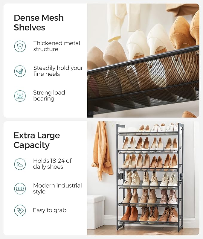 SONGMICS Shoe Rack, 6-Tier Shoe Organizer, Metal Rack for Garage, Set of 2, 3-Tier Stackable Shelf, with Adjustable Flat or Angled Shelves, 18-24 Pairs, Charcoal Gray ULMR003G02-NeatNest