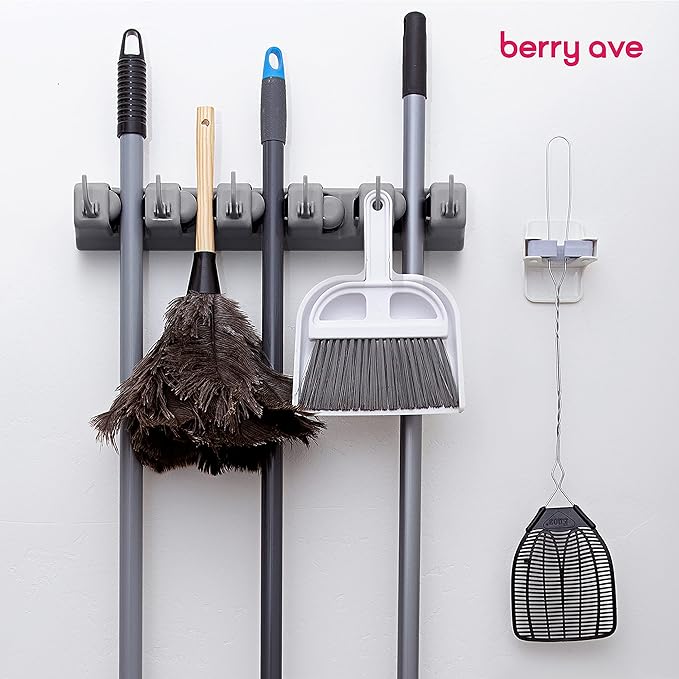 Combo 5 Slot Broom Holder w/ 1 Self Adhesive Mop Gripper No-Drilling, Wall Mount Tool Organizers For Kitchen, Garage, Laundry Room- Anti-Slip Hanger For Brooms, Mops, Rakes, Dustpans (Grey / White)-NeatNest