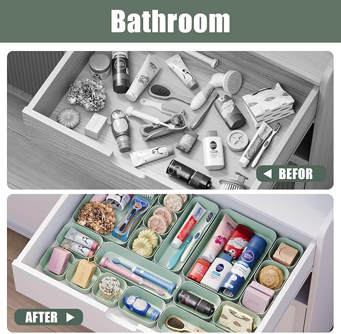 Plastic Drawer Organizers, 10 PCS Drawer Organizer Bins, Bathroom and Vanity Organizer Plastic Tray, Makeup organizer and storage for Makeup, Bedroom, Kitchen Gadgets Utensils and Office (Green)-NeatNest