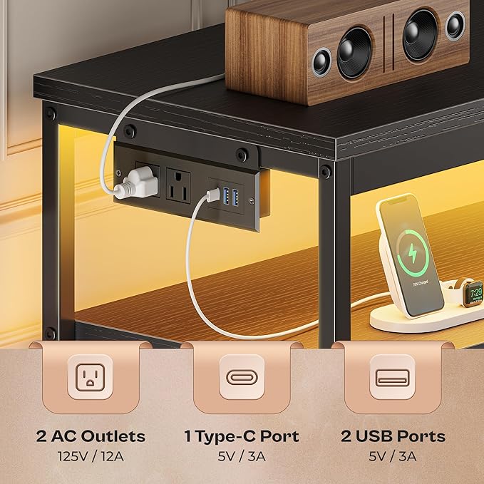 Huuger LED TV Stand for Bedroom, 47 Inch Dresser TV Stand for 43, 50, 55 Inch TV, Black TV Stand with Storage, Entertainment Center with Power Outlets, 6 Drawer Fabric Dresser for Living Room-NeatNest