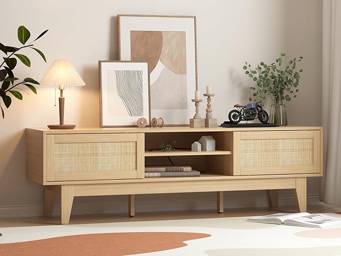 Boho TV Stand for 55 65 Inch TV, Rattan Entertainment Center with Shelves, Cabinets and Sliding Doors, TV Media Console Table with Solid Wood Feet & Cord Holes for Living Room, Bedroom, Natural-NeatNest