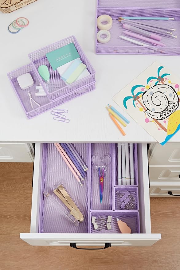 Annova Mesh Stackable Drawer Cabinet and Shelf Organizer Bins Storage Basket School Office Supply Holder Tray- Set of 2 (Light Purple, 3x12x2 Inch)-NeatNest