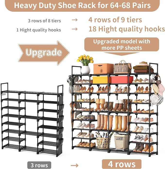 ROJASOP Large Shoe Rack Organizer for Entryway Closet 64-68 Pairs 9-Tier Heavy Duty Tall Garage Shoe Rack Shoe Shelf Shoes Storage with 18 Pcs Removable Side Hooks for Bedroom and Garage Black-NeatNest