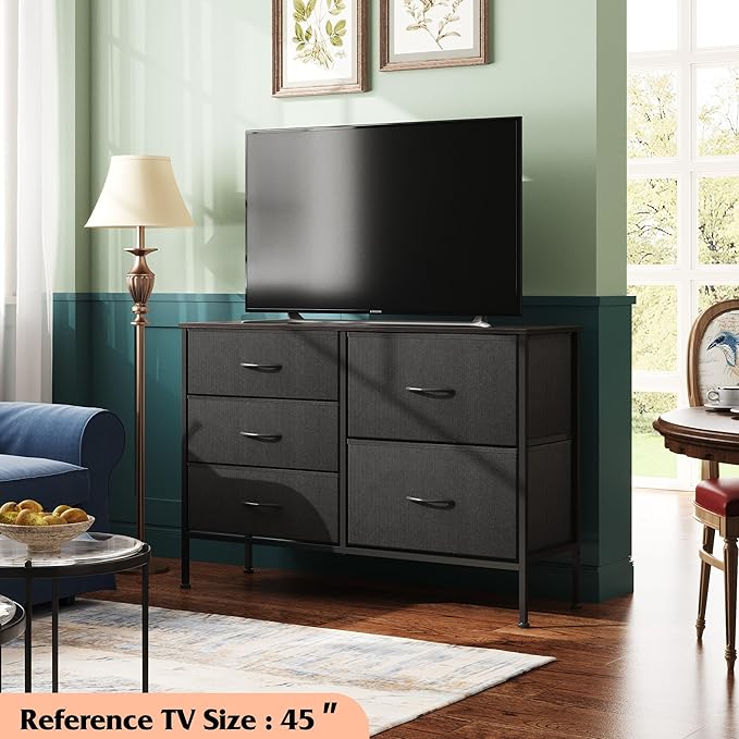 WLIVE Dresser for Bedroom with 5 Drawers, Wide Bedroom Dressers with Drawer Organizers, Chest of Drawers, Fabric Dresser for Living Room, Closet, Hallway, Charcoal Black-NeatNest