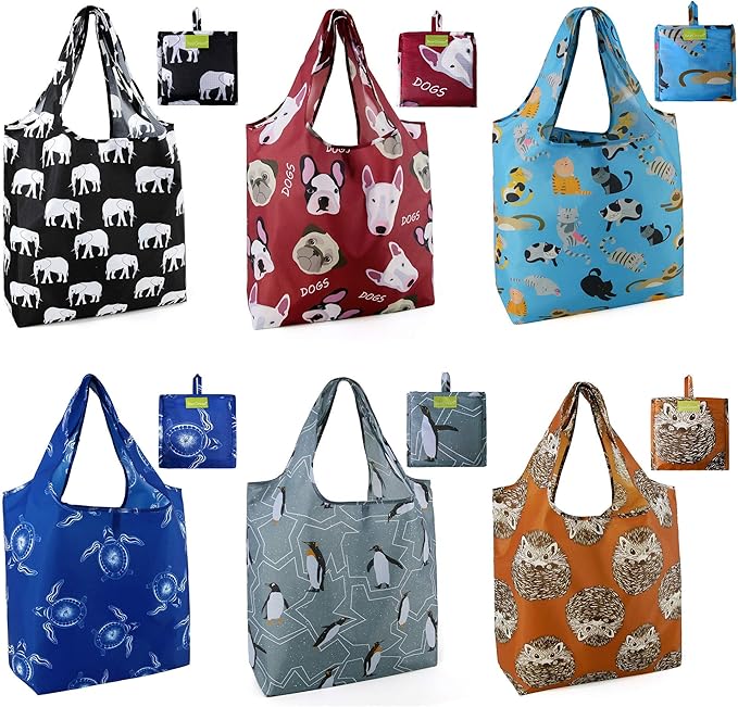 BeeGreen Heavy Duty Bulk Large Reusable Grocery Bags 6 Pack - Foldable Sturdy Recycled Cloth Animal Print Shopping Totes with Handles -Reusable Gifts Bags for Groceries, Travel, Storage & Women-NeatNest
