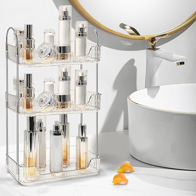 Bathroom Counter Organizer Countertop Storage Skincare Countertop Makeup Organizer Cosmetics Skincare Organizers Holder for Perfume-Clear White-Silver Pole-3 Tier-NeatNest