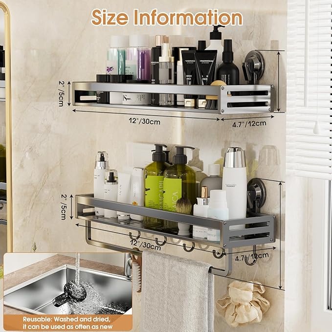 Shower Caddy Suction Cup, 11.8 inch 2 Pack Suction Shower Shelf with Hooks NO-Drilling Bathroom Holder, Rustproof Bathroom Organizer, Dark Grey