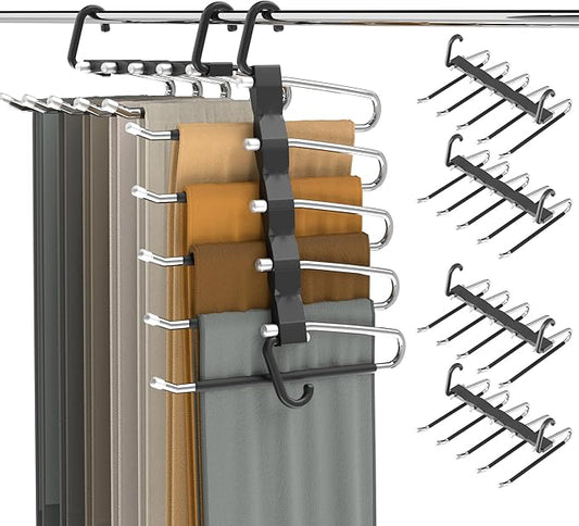 Pants Hangers Space Saving - 4 PCS Closet Organizer and Storage Jean Hangers, Stainless Steel Anti-Slip Clothes Hanger Scarf Holder Pants for Jeans Leggings Trousers Rack for Back to School, Black-NeatNest