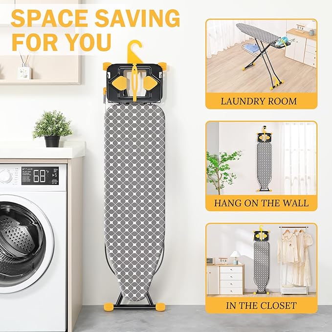APEXCHASER Ironing Board, Foldable Iron Board with Iron Rest, Metal Panel Ironing Board, Adjustable Height Heavy Duty Irons Board with Germent Rack, Heat & Scorch Resistant Cover, 13x43 Yellow