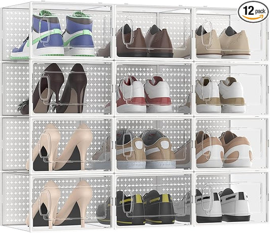 12 Pack Large Modular Clear Plastic Stackable Shoe Storage Organizer for Closet, Space Saving Versatile Sneaker Shoe Rack Containers Bins Holders, Portable Closet Organizers and Storage, White-NeatNest