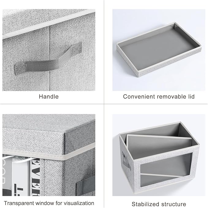 Foldable Storage Bin with Lid - Closet Storage Organizer with Window, Storage Bins with Lids for Clothes, Fabric Storage Baskets for Shelves, Bedroom, Dorm, Light Grey, 4 Pack-NeatNest