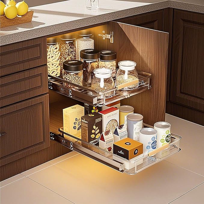 2 Pack Expandable Pull Out Cabinet Organizer，Side Mounting 12.3~18.5"x22.5"Cabinet Pull Out Shelves, Expandable Slide Out Spice Rack for Kitchen Bathroom Office-NeatNest