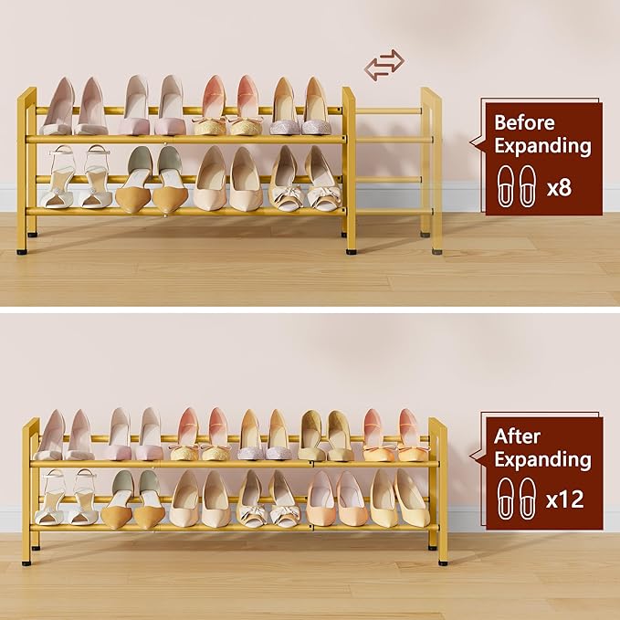 FAVOOSTY 2-Tier Expandable Shoe Rack, Adjustable Shoe Shelf Storage Organizer Space Saving Metal Free Standing Shoe Rack for Entryway Closet Doorway, Gold-NeatNest