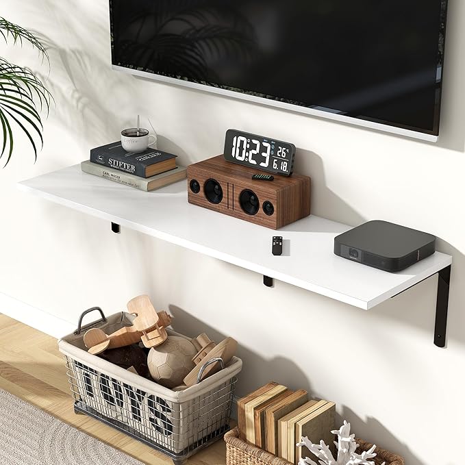 Fun Memories Floating Shelves for Wall, 12 Inch Deep Floating Shelves Set of 2, Wall Mounted Shelf with Metal Brackets, Rustic Wood Wide Shelf for Bathroom, Kitchen and Living Room, White, 48W x 12D-NeatNest