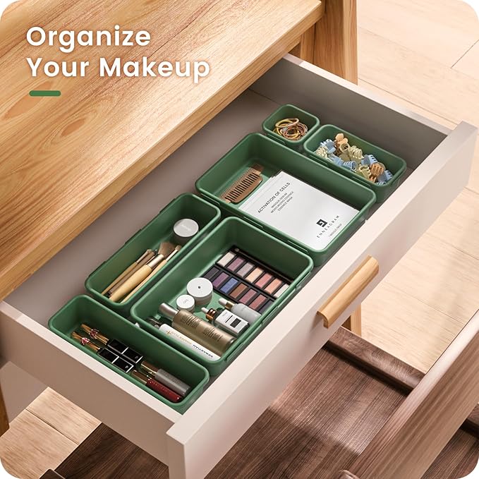 A-LuGei 【28PCS】 Drawer Organizer, Bathroom Organizers and Storage, Makeup organizer, Desk drawer organizer, Storage Bins for Kitchen Office Bedroom Vanity Jewelry Pantry Garage【ArmyGreen】【4Size】-NeatNest