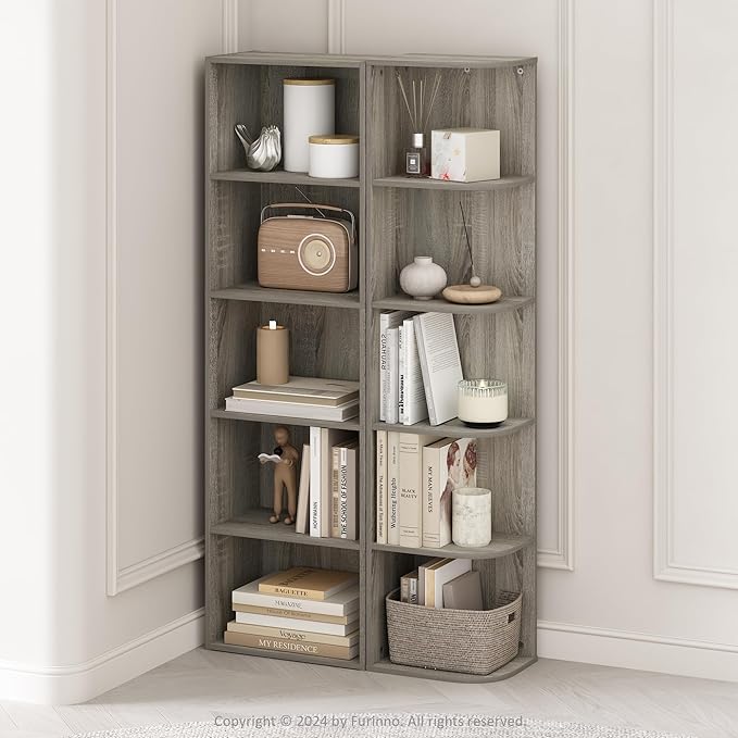 Furinno Reed 5-Tier Space Saving Corner Storage Display Shelf, French Oak-NeatNest