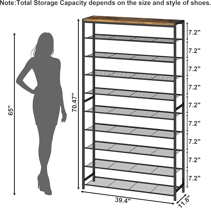 HOMEFORT 10 Tiers Shoe Rack Organizer,39.4" Shoe Storage Shelf for Closet, Shoe Rack for Entryway,Holds 45-50 Pairs of Shoe, Tall Shoe Stand with Metal Shelves and MDF Top Board,Rustic Brown-NeatNest