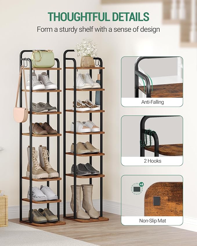 8 Tiers Vertical Shoe Rack, Narrow Shoe Tower, Tall Shoes Shelf with 2 Hooks, Adjustable Shelves, Corner Shoes Shelves for Small Spaces, Entryway, Living Room, Rustic Brown SR04301B-NeatNest