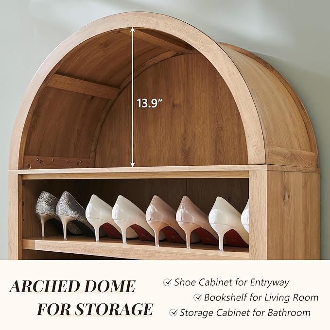 71" Tall Arched Shoe Storage Cabinet, 7 Tiers 28 Pairs Wooden Shoe Rack with 3 Adjustable Shelves, Freestanding Shoe Closet Shelf Organizer for Entryway, Hallway, Living Room (Natural)-NeatNest