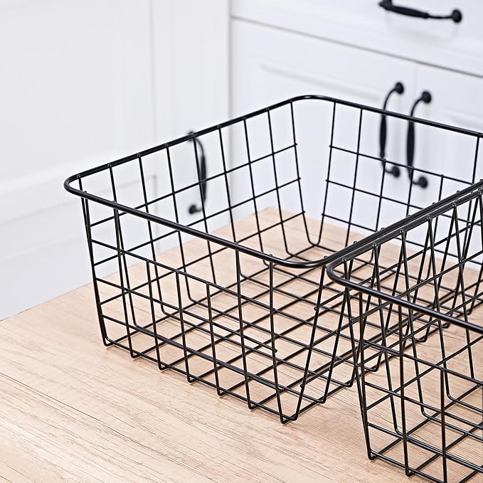 11" Upright Freezer Storage Baskets, Black Wire Storage Bins Small Bakset for Freezer, Pantry, Bathroom Organizing, Set of 2