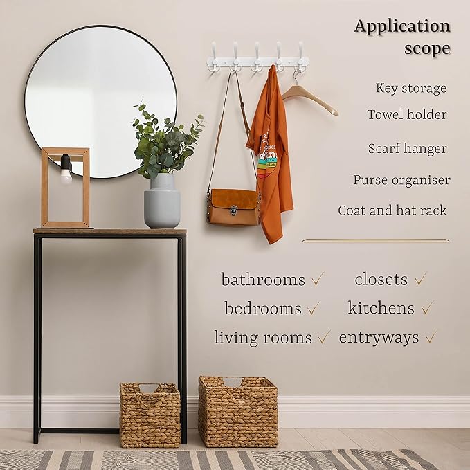 Coat Rack Wall Mount with 5 Tri Hooks, Stainless Steel 16 Inch – White Matte Finish, Heavy Duty Wall Mounted Hook Rack for Coats, Hats, Towels, Scarves, Robes, Bags, Entryway & Bathroom-NeatNest