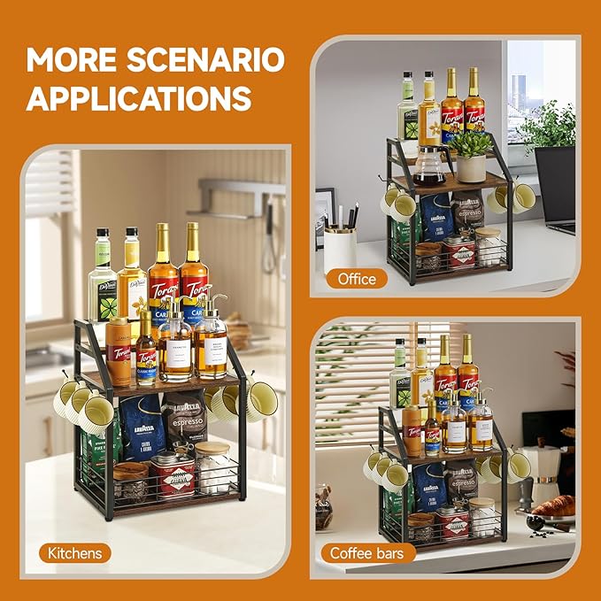 Coffee Station Organizer Mug Cup Holder Stand for Countertop, 3 Tier Coffee Syrup Organizer with 6 Hooks, Home Kitchens(Cabinets), Storage Stations, Office Desktop-NeatNest