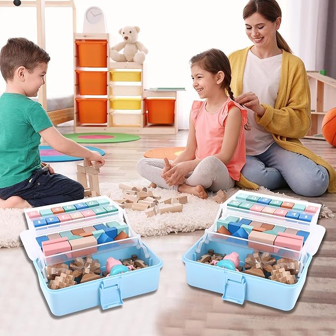 11(in) Versatile Three-Layer Folding Organizer Box,Ideal for Art & Crafts,Toys,Sewing Supplies,Jewelry and Tools,Storage with Dual Trays,Elegant Blue