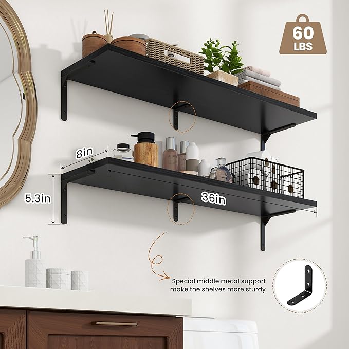 Fun Memories Deep Floating Shelves, 36W x 8D Floating Shelves Set of 2, Wall Mounted Shelf with Metal Brackets, Rustic Wood Wall Shelf for Bathroom, Kitchen and Living Room, Black-NeatNest