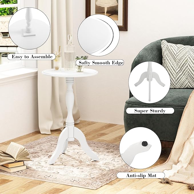 HLR Round Small End Table, Wooden Pedestal Side Coffee Tables, Vintage Accent Nightstand for Living Room, Bedroom, Entryway (1, Solid White)