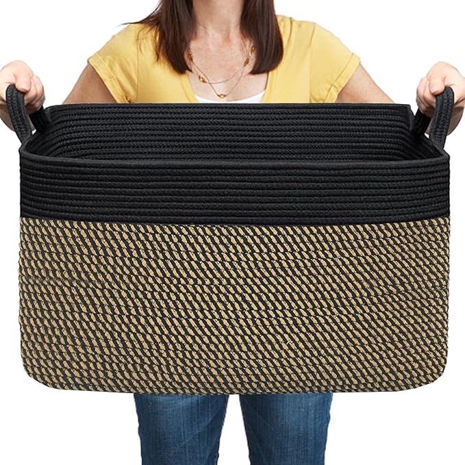 COMFY-HOMI Large Rectangular Blanket, Cotton Rope Woven for Storage, LaundryHamper, Storage,Toy Organizing Bin with Handle, Organizer and Storage-22x15x12-Black/Jute-NeatNest