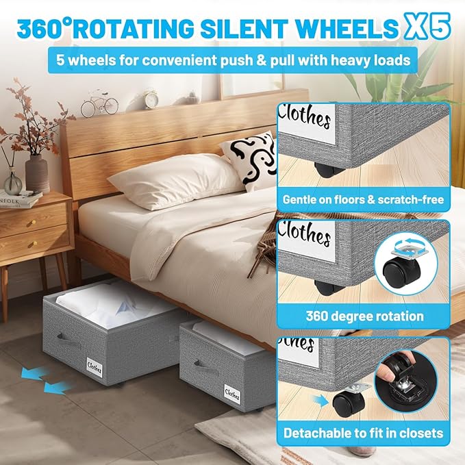 2 Pack Under Bed Storage with Wheels 10" Height, Rolling Storage Bins XXL 60L, Underbed Shoe Storage Containers with Label & Clear Lid, Dorm Under bed Drawers for Clothes, Shoes, Quick Assembly, Grey-NeatNest