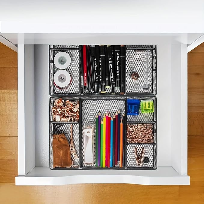 Desk Drawer Organizer Tray, Metal Mesh Drawer Organizers Office, 6 Adjustable Compartment, Desk Organizer Tray for Home Office 12.87L x 8.73D x 1.96H inch, Black, 1PC Medium-NeatNest