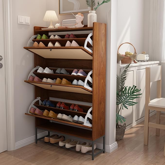AVZEAR Narrow Shoe Storage Cabinet with 3 Flip Drawers, Freestanding Wooden Closed Shoe Rack, Slim Cabinet Storage for Entryway, Hallway, Living Room (Walnut)-NeatNest