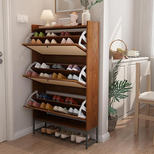 AVZEAR Narrow Shoe Storage Cabinet with 3 Flip Drawers, Freestanding Wooden Closed Shoe Rack, Slim Cabinet Storage for Entryway, Hallway, Living Room (Walnut)-NeatNest