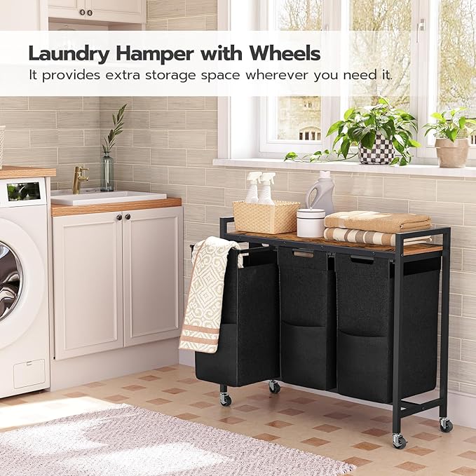 HOOBRO Laundry Sorter 3 Section, Laundry Hamper with Wheels, 3 × 11.5 Gal (43.5 L), Rolling Laundry Basket, Pull-Out and Removable Oxford Fabric Laundry Bags, Rustic Brown and Black BF76XY01-NeatNest