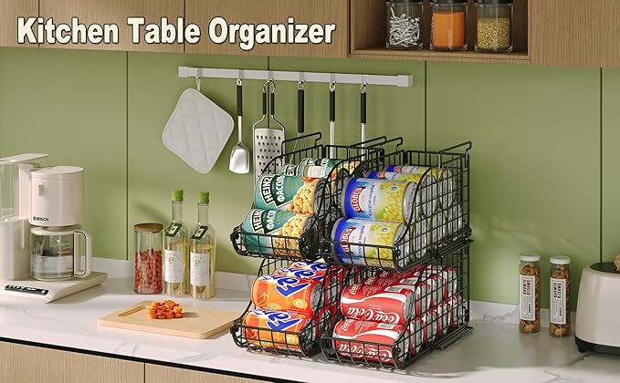 8-Pack Can Organizer for Pantry, Stackable Cabinet Soda Shelves for Fridge, Wire Cupboard Storage, Holds up to 72 Beers,Small Metal Bin for Drink Beverage Egg Gillas, Rack for Kitchen Countertops RV