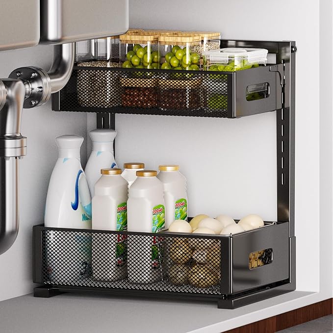2 Tier Under Sink Organizer, Pull Out Cabinet Organizer, Slide Out Metal Kitchen Organizers Drawer Shelf, Sliding Storage Shelves for Kitchen Bathroom Pantry Cabinet Closet Organization Rack-NeatNest