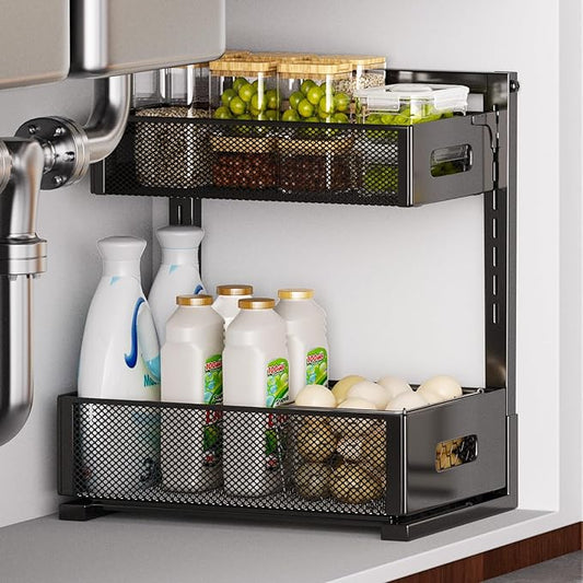 2 Tier Under Sink Organizer, Pull Out Cabinet Organizer, Slide Out Metal Kitchen Organizers Drawer Shelf, Sliding Storage Shelves for Kitchen Bathroom Pantry Cabinet Closet Organization Rack-NeatNest