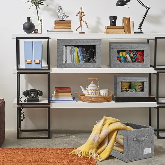 4-Pack Fabric Storage Bins with Lids, Foldable Storage Boxes with Handles & Clear Window, Closet Organizers for Clothes, Books (Grey, 4PCS/14.9 x 9.8 x 9.8 in)-NeatNest